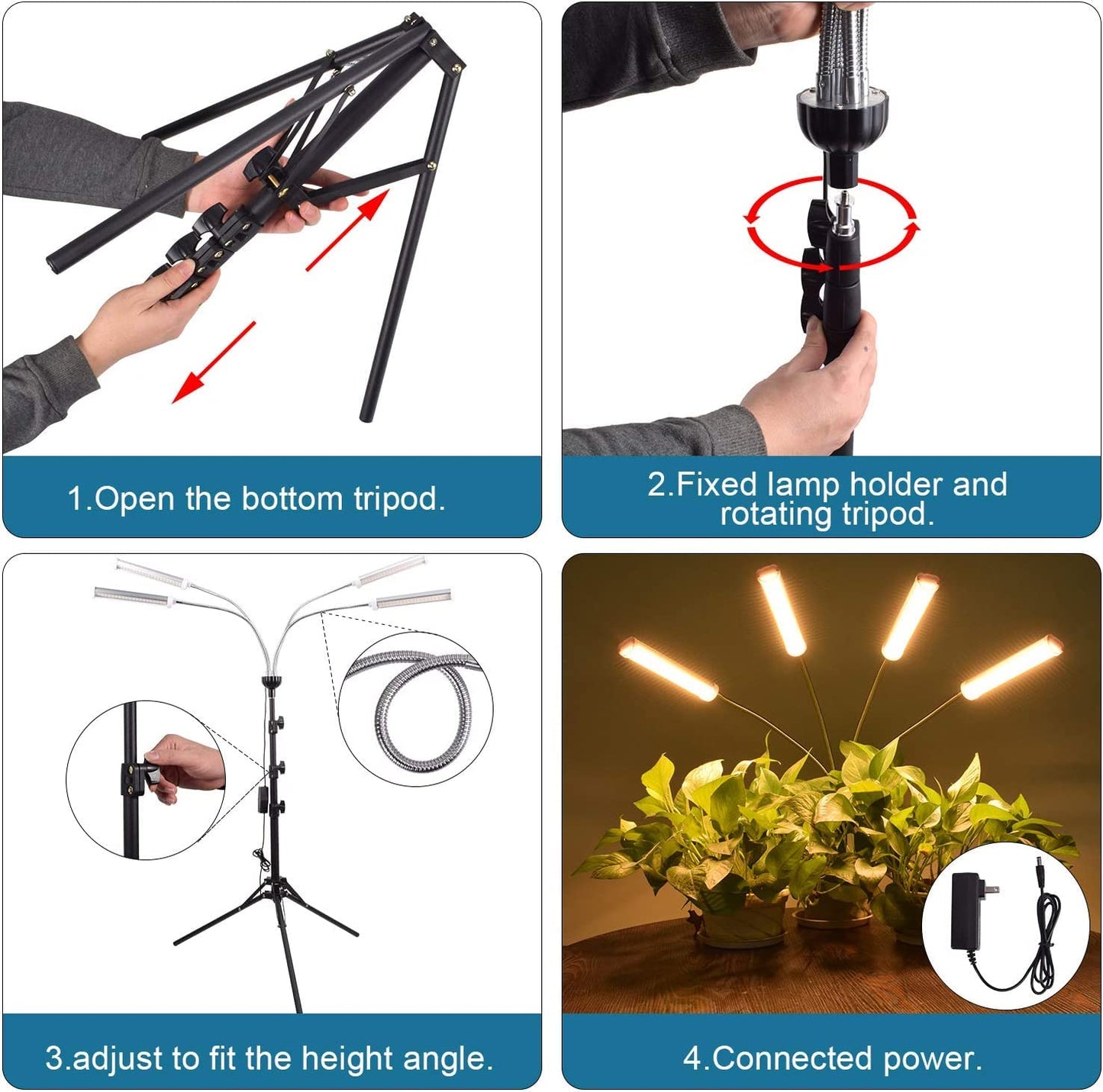 LED Grow Lights for Indoor Plants, 420 LEDs Full Spectrum Plant Lights for Indoor Growing with 15-63 inches Adjustable Tripod Stand, 4 Heads Floor Grow Lamp with 3/6/12H Auto On/Off Timer Function