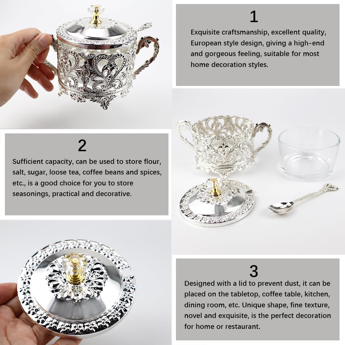 LCJAOF Glass Sugar Bowl with Lid and Spoon Vintage Kitchen Food Canister Condiment Pot Storage Jar Seasoning Containers for Home Restaurant Kitchen（Silver）