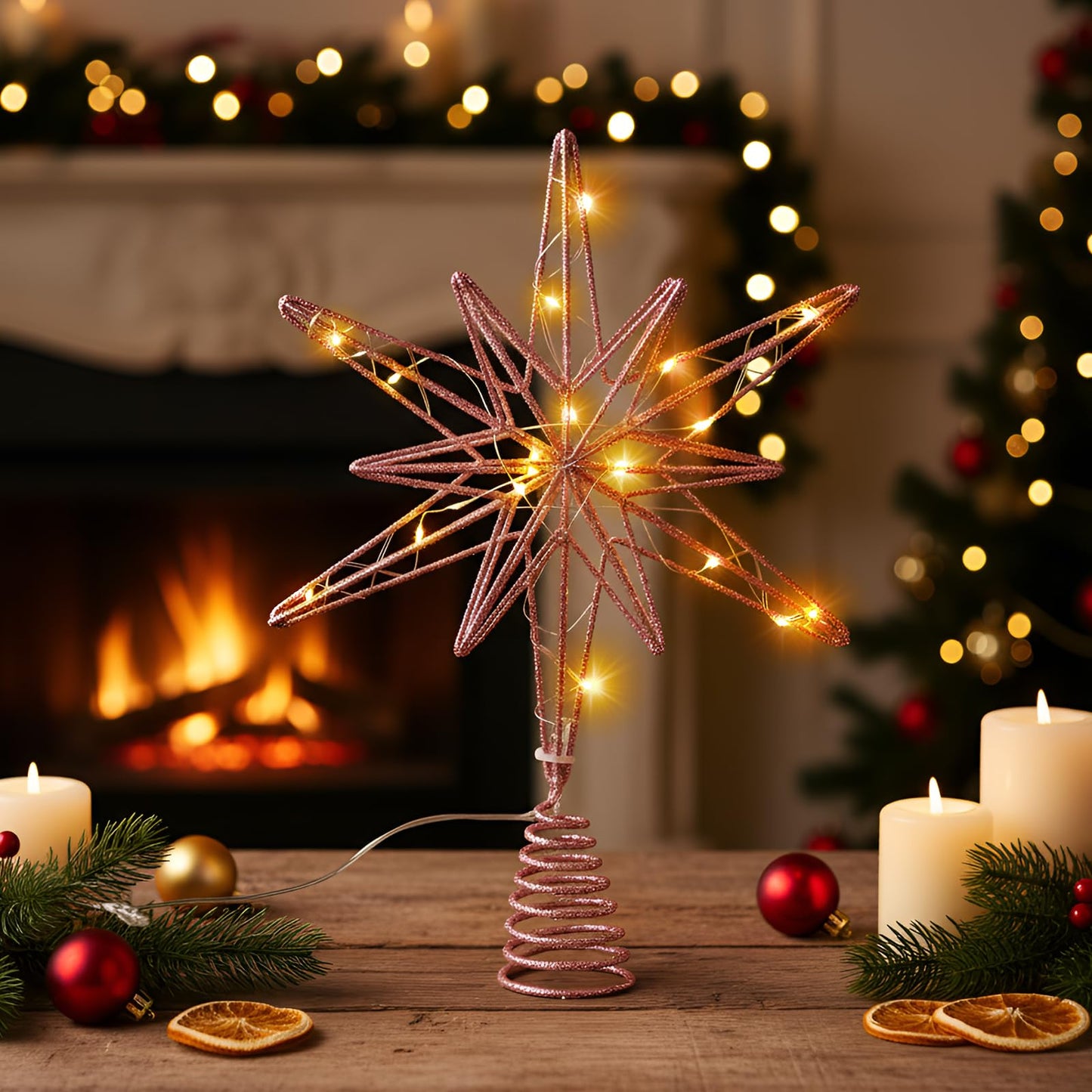 Sonwyoung Large Christmas Star Tree Topper with 20 LED Lights, Glitter Star Tree Topper Sparkle Xmas Treetop Ornament for Christmas Trees Party Holiday Decorations(13 Inch,Pink)