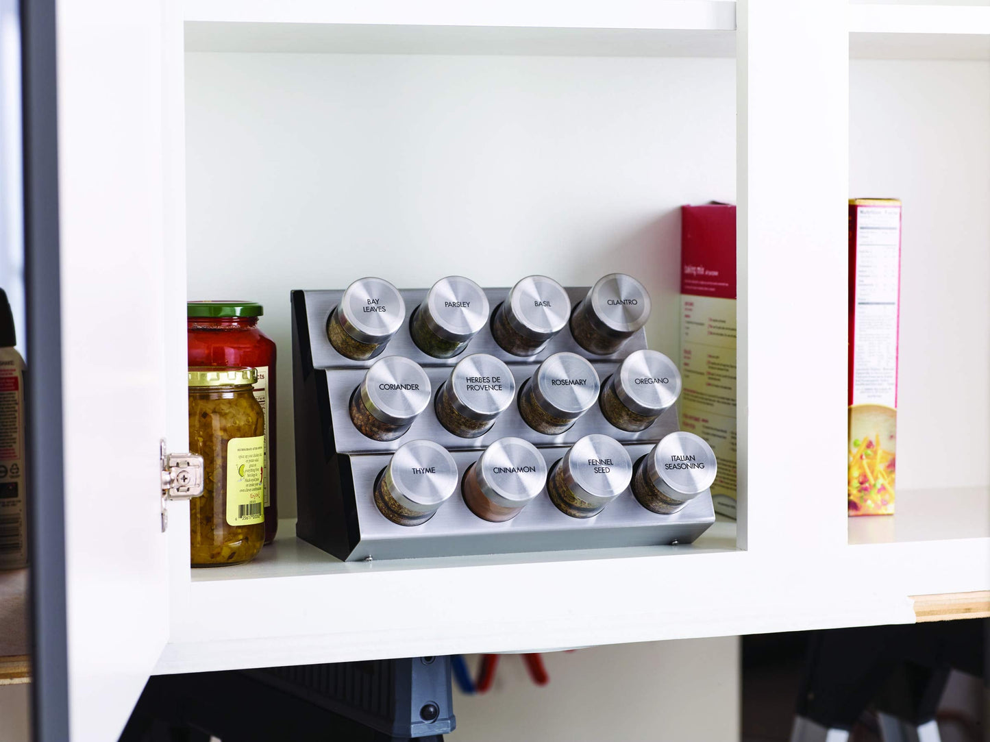 Kamenstein 20 Jar Revolving Countertop Spice Rack with Spices Included, FREE Spice Refills for 5 Years, Polished Stainless Steel with Black Caps, 30020