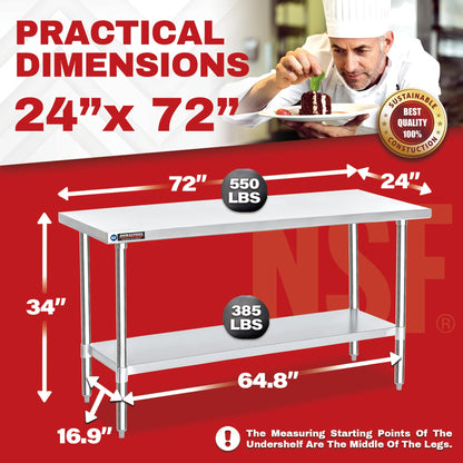 DuraSteel 24x72 Stainless Steel Work Table - NSF Commercial Prep Metal Table w/Adjustable Under Shelf - Kitchen Outdoor Pizza Oven Stand, Garage Workbench, Laundry Utility Worktable - 350 lb Capacity