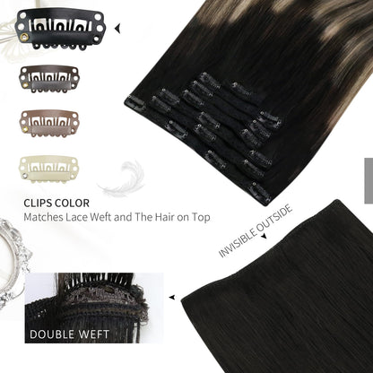 Moresoo Clip in Hair Extensions Real Human Hair Balayage Black to Brown with Caramel Blonde Double Wefted Clip in Human Hair Extensions Full Head 24 inch 7Pcs/120G #1B/3/27
