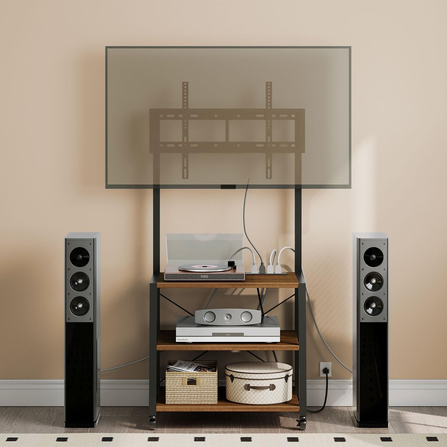 HOOBRO Rolling TV Stand with Mount and Power Outlet Up to 55 inch TV, Corner Entertainment Center, Small TV Stand with 3-Tier Storage Shelves for Living Room, Bedroom, Rustic Brown and Black BF66UDS01