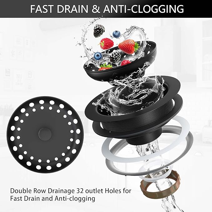 Black Sink Drain 3-1/2 Inch Matte Black Kitchen Sink Drain Strainer Assembly Kit