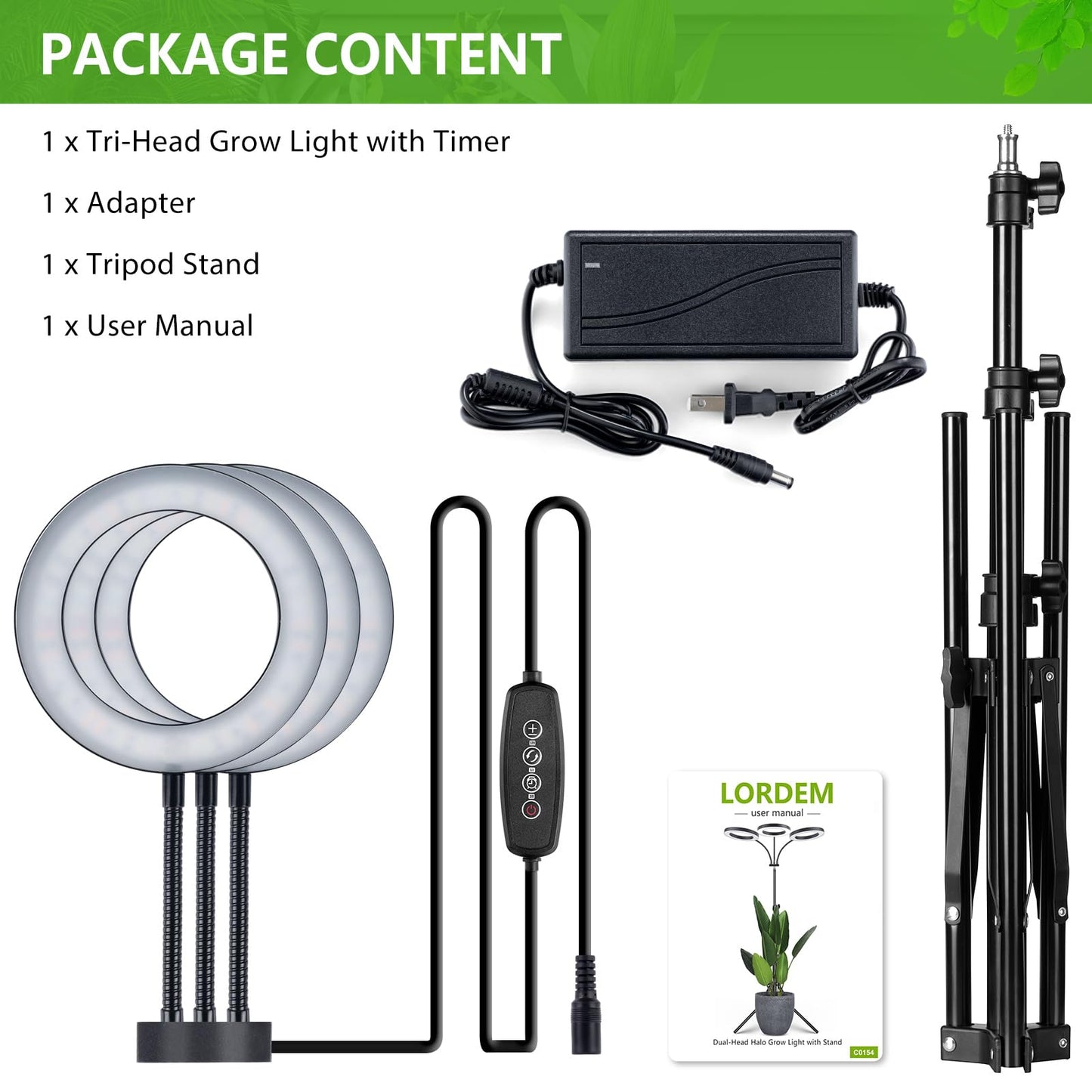 LORDEM Grow Light for Indoor Plants, 7.9" Diameter Tri-Head Plant Light for Plants Growing, Full Spectrum Growth Lamp with Auto Timer 3/6/12H, 4 Dimmable Levels, 3 Lighting Modes, Adjustable Stand