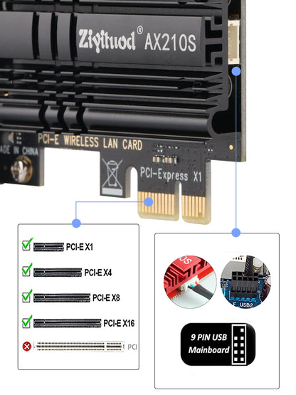 WiFi Card 5400Mbps 6E Wireless WiFi Bluetooth 5.3 PCIe Network Card, Intel WiFi 6E AX210 Chip, 6GHz/5GHz/2.4GHz PCI Express Bluetooth WiFi 6 Card for Desktop/PC Windows 11/10(64Bit)