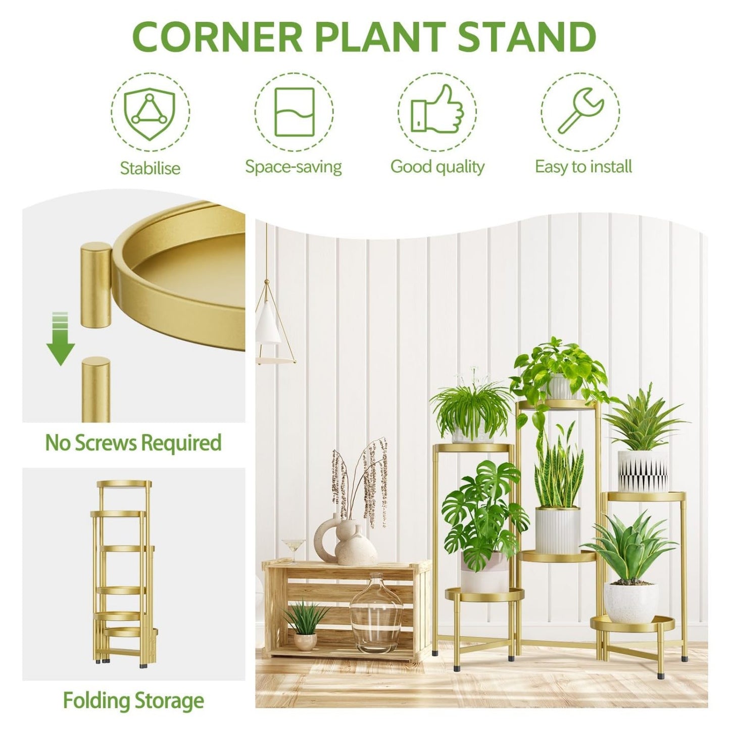 iDavosic.ly 6 Tier Large Plant Stand Indoor, 10 Inch Wide Tall Corner Metal Plant Stands Outdoor for Multiple Plants, Folding Tiered Flower Display Holder Rack Shelf, Gold