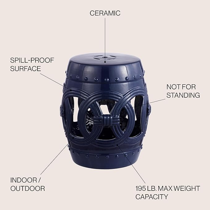 JONATHAN Y TBL1022B Lucky Coins 16" Chinese Ceramic Drum Indoor/Outdoor Garden Stool Bohemian, Coastal, Classic, Cottage, French Country, Traditional, Side Table, Plant Stand, Spill-Proof, Navy