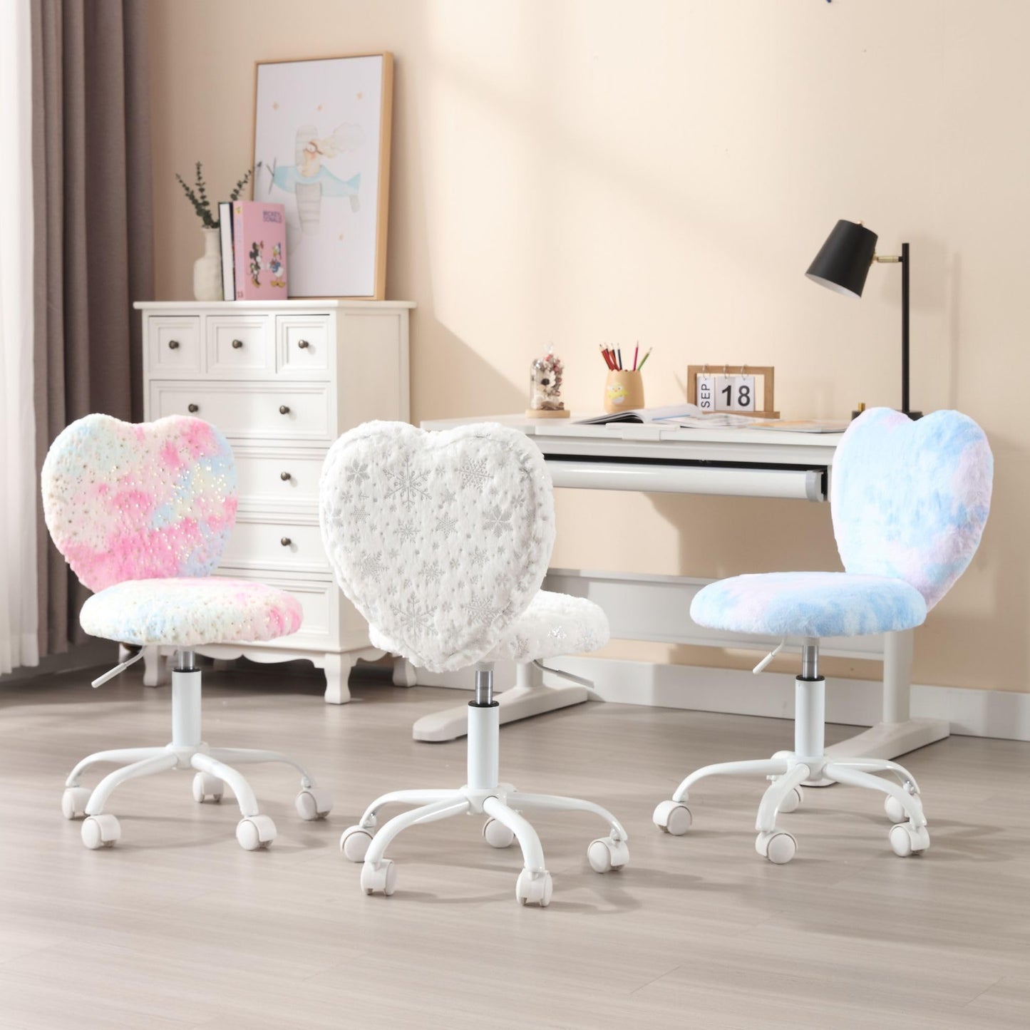 DM Furniture Kids Desk Chair - Girls Students Study Adjustable Computer Chair with Cute Heart Back for Home/Bedroom/School/Dorm, Snow White