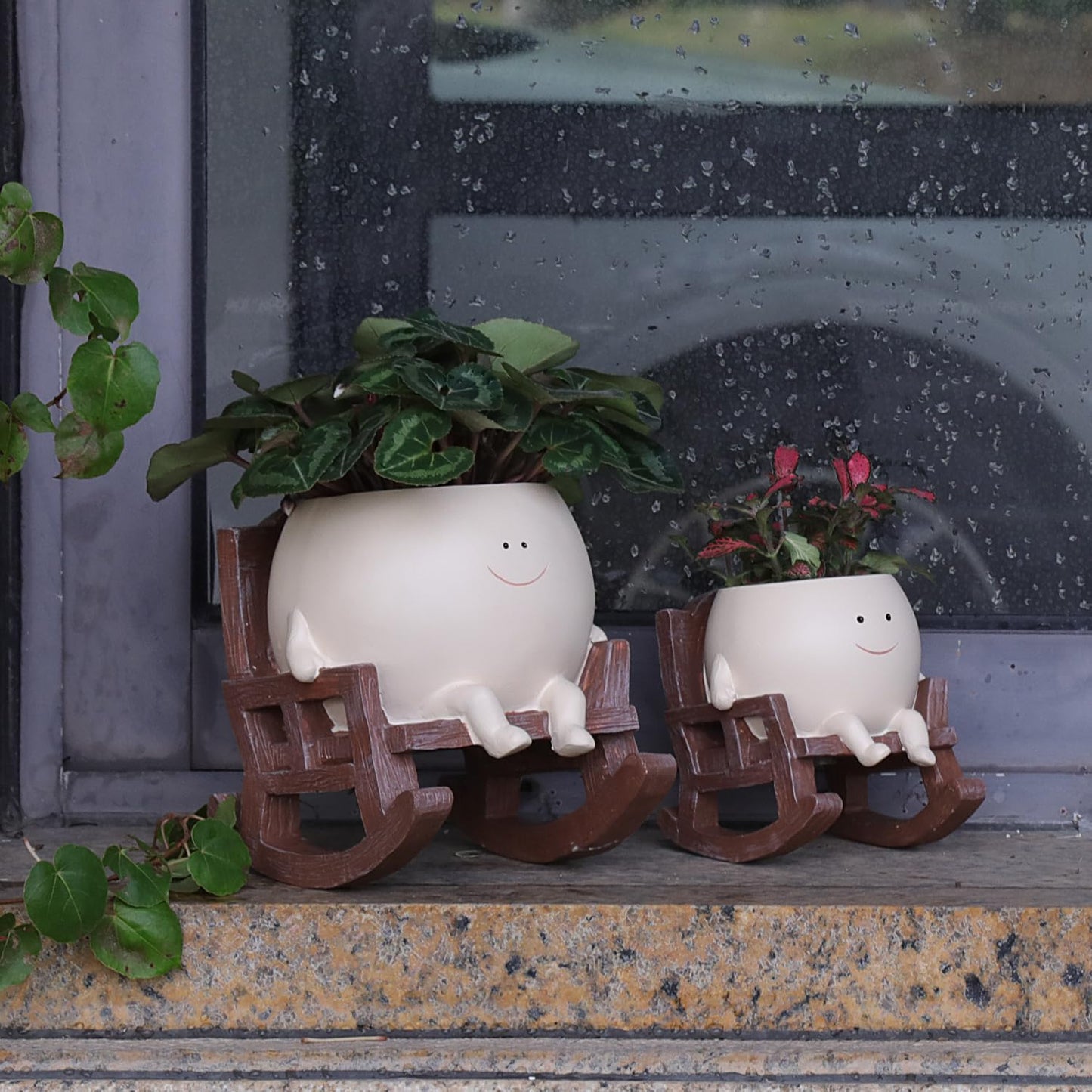 UMESONG Smily Face Planter Pot Cute Resin Flower Head Planters for Indoor Outdoor Plants Unique Sitting Rocking Chairs Succulent Pots for String of Pearls Plant Live Gift Ideals with Drainage Hole
