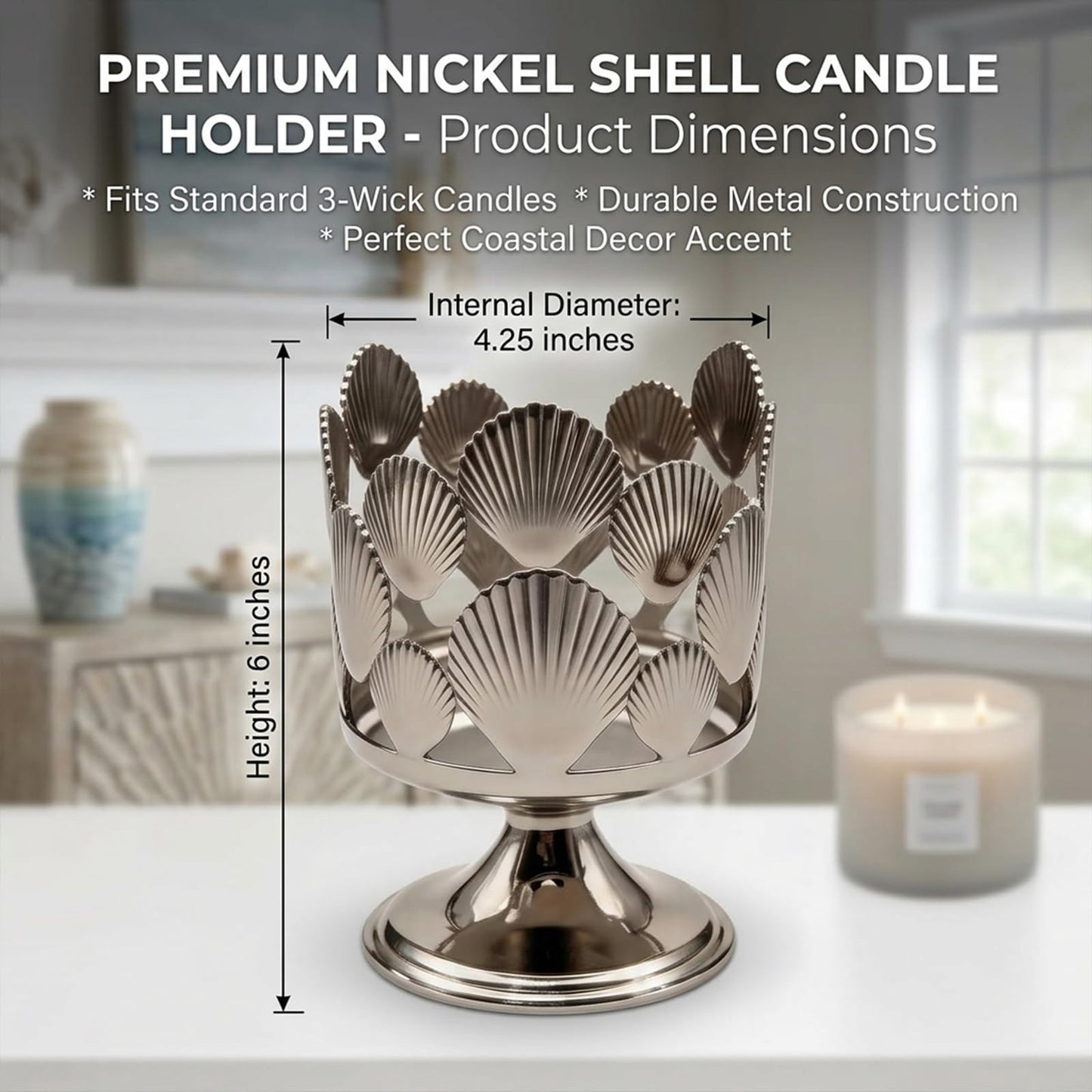Silver Shell Pattern 3 Wick Candle Holder, Fits 4 Inch Diameter Jar Candles, 4.3" D x 5.9" H Decorative Candle Stand for Home, Living Room, Bedroom, Office & Gifting