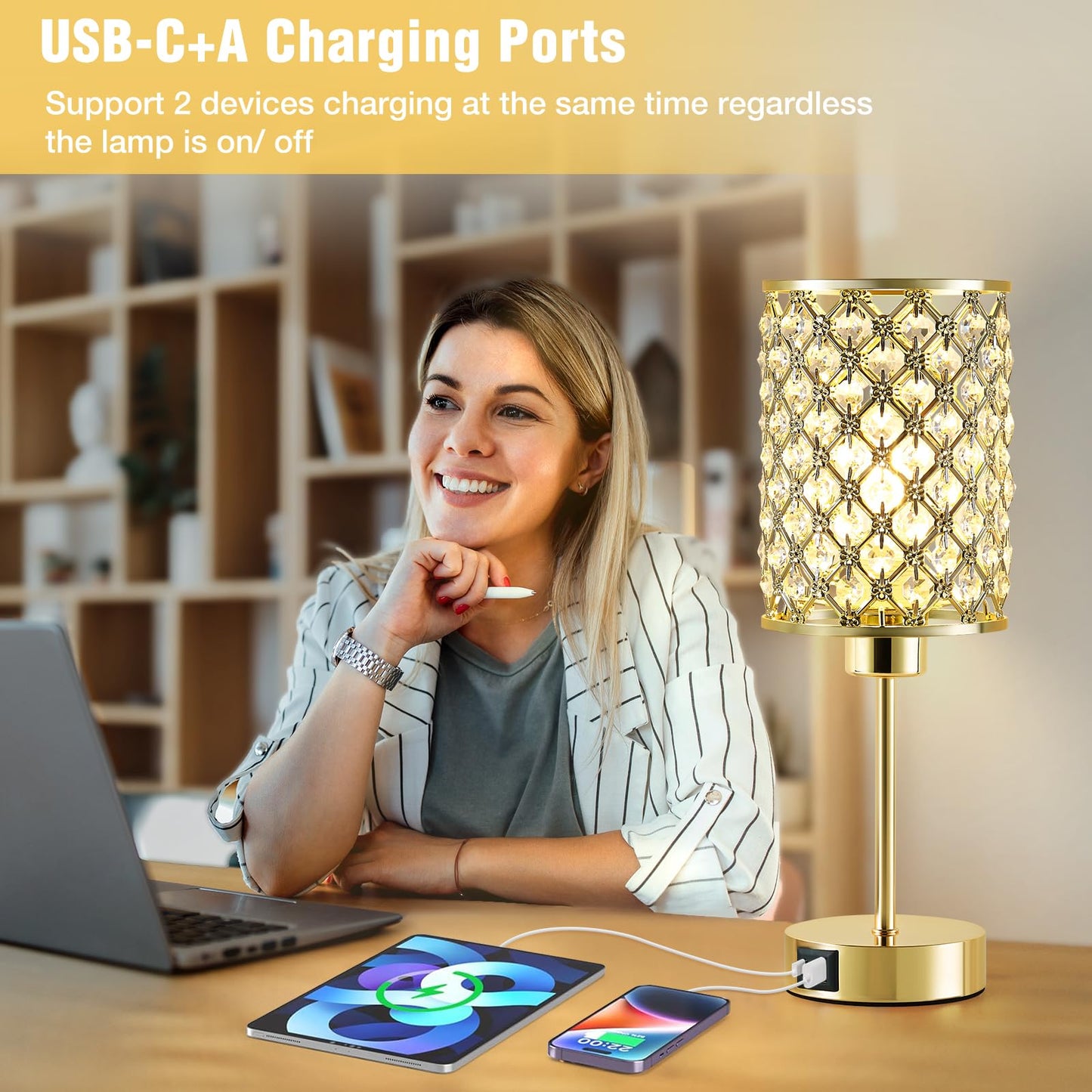 GyroVu Crystal Table Lamp, Gold Touch Lamp for Nightstand with USB C+A Ports, Dimmable Lamp with Crystal Shade, Bedside Lamp Small Lamp for Bedroom, Living Room(Buld Included)