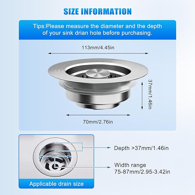 3 in 1 Kitchen Sink Drain Strainer, Universal Pop Up Stopper
