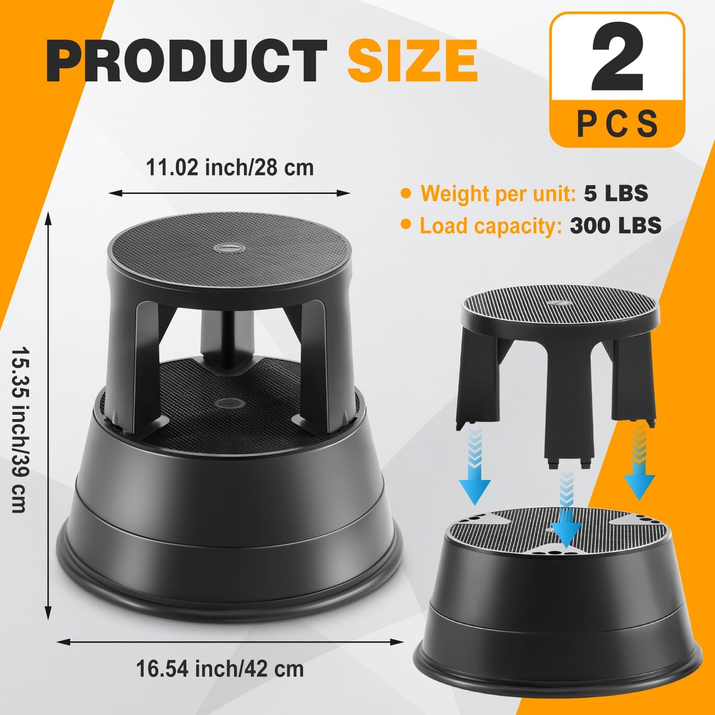 Briwooody 2 Pack Rolling Step Stool with Wheels Non-Slip Platform Retractable Portable Stool Max Load 330 Lbs for Kitchen Home Bathroom Office Library Garage