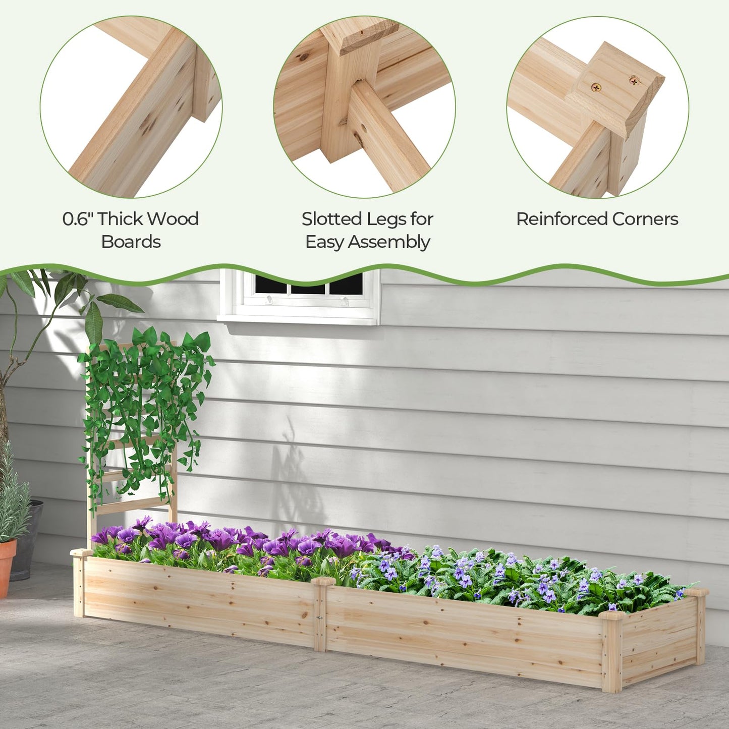S AFSTAR Raised Garden Bed with Trellis & Planter Box, 93" L x 25" W x 40" H Outdoor Wooden Planter Box Kit for Flower Herb Vegetable Fruit Climbing Vines, Elevated Gardening Bed for Garden Patio