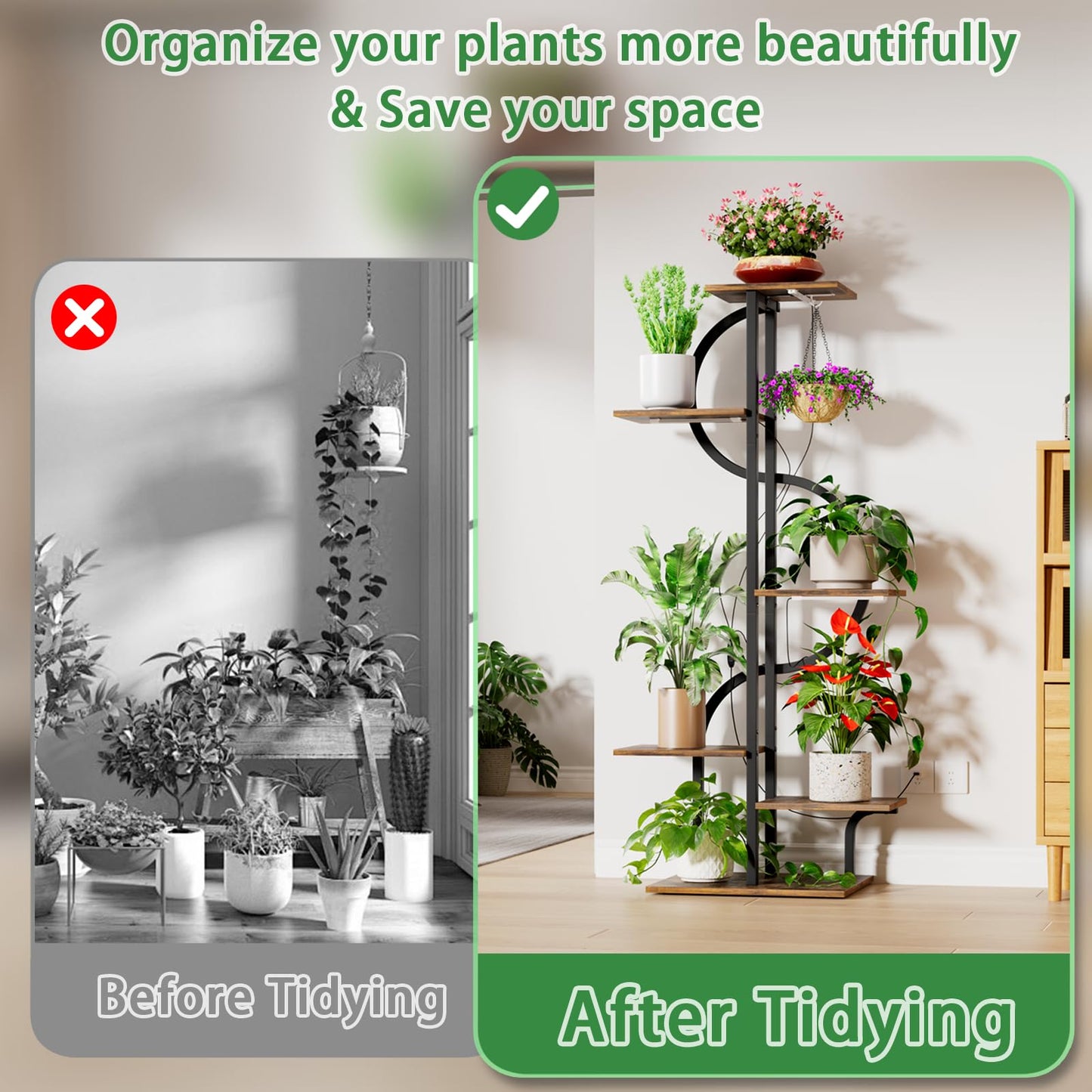 REFGY 6-Tier Tall Plant Stand with Hanging Hook, Multi-Tiered Vertical Flower Pot Holder for Indoor Outdoor, Heavy Duty Metal Plant Shelf for Corner, Living Room, Balcony, Patio, Rustic Brown