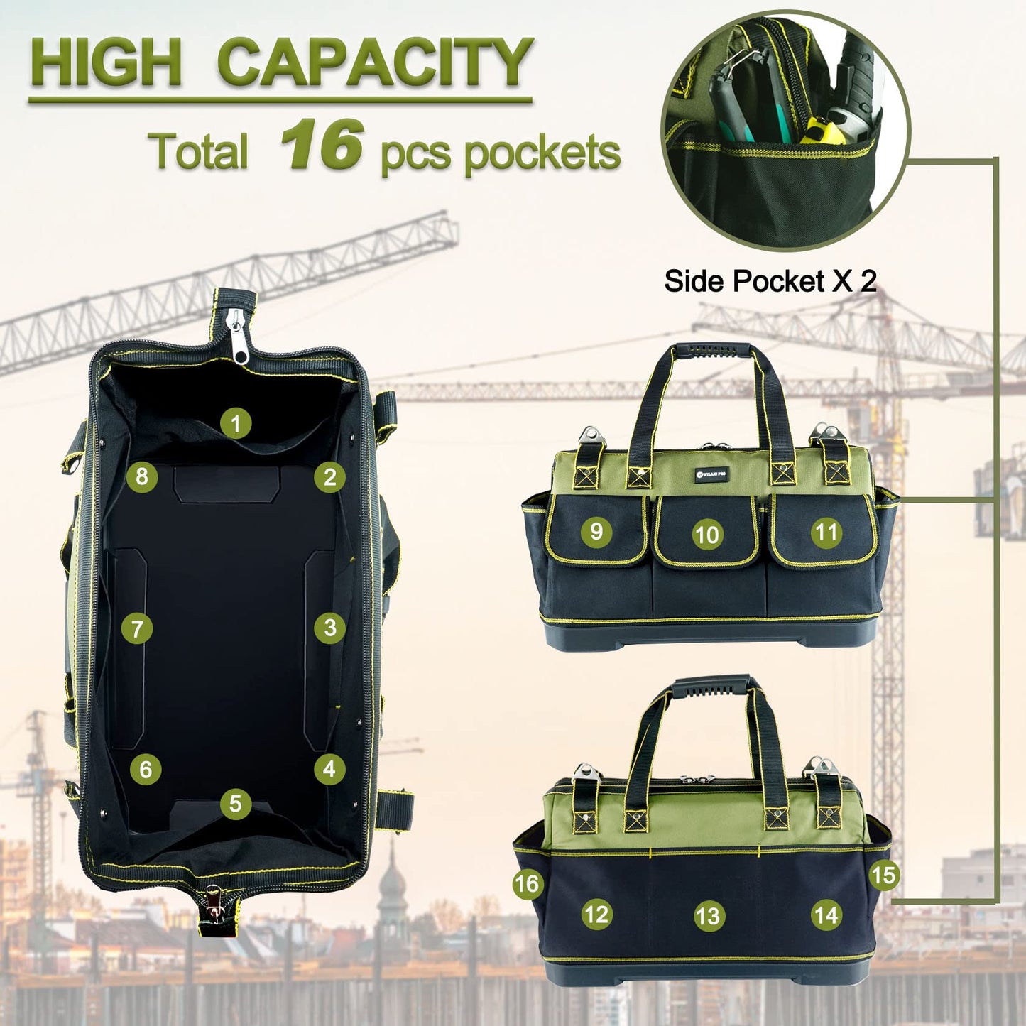 WILAXI PRO 20inch Tool Bag for Men Women Heavy Duty with Waterproof Molded Base Large Tool Bag, Wide Mouth Tool Tote, Artisan Carpenter Electricians Tool Bags,Adjustable Shoulder Strap Organizer