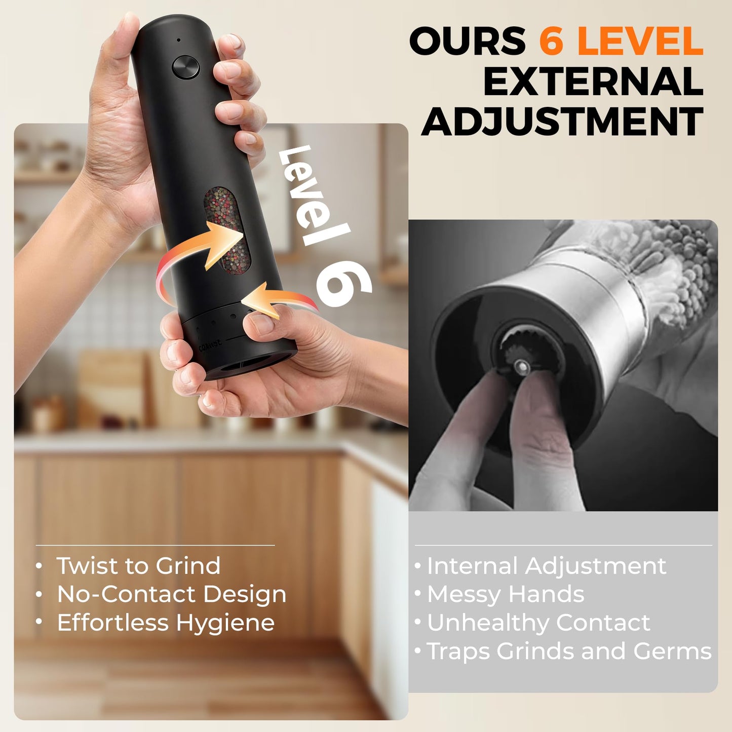 Elebatic 110ml Electric Salt and Pepper Grinder Set, Rechargeable salt and pepper shakers with LED Light, 2-Pack with Charging Base, External 6 Adjustable Coarseness, Holiday Gifts