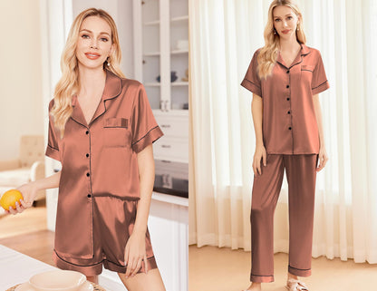 Ekouaer Silk Pajamas for Women Set Satin Pjs Soft Short Sleeve Button Down Sleepwear 3 Piece Loungewear S-XXL