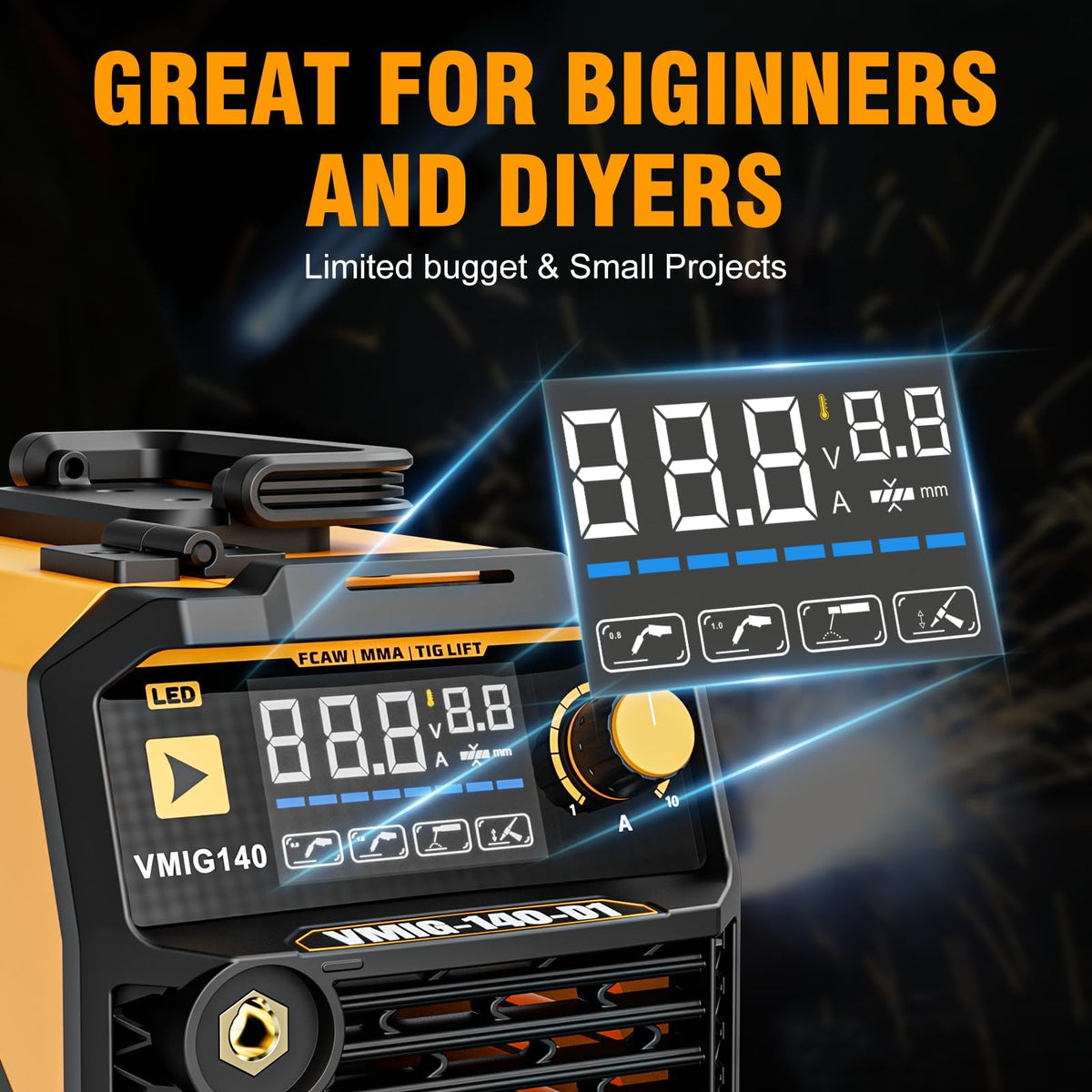 VIGRUE 140A MIG Welder, 110V Flux Core/Stick/Lift MIG 3 in 1 Welding Machine with Large Digital Screen Display & Welding Mask & Gloves