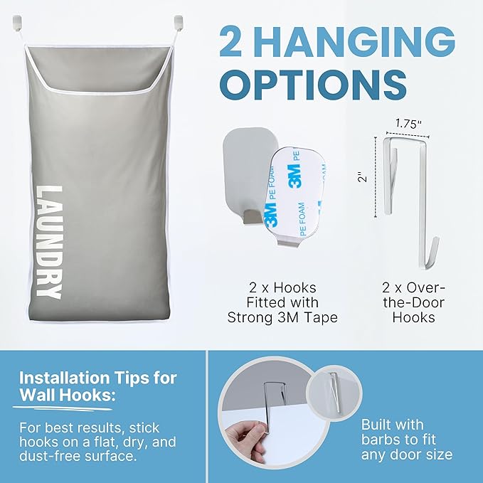 Hanging Laundry Hamper Bag XL 40x22", Space Saving over the Door Storage Bags