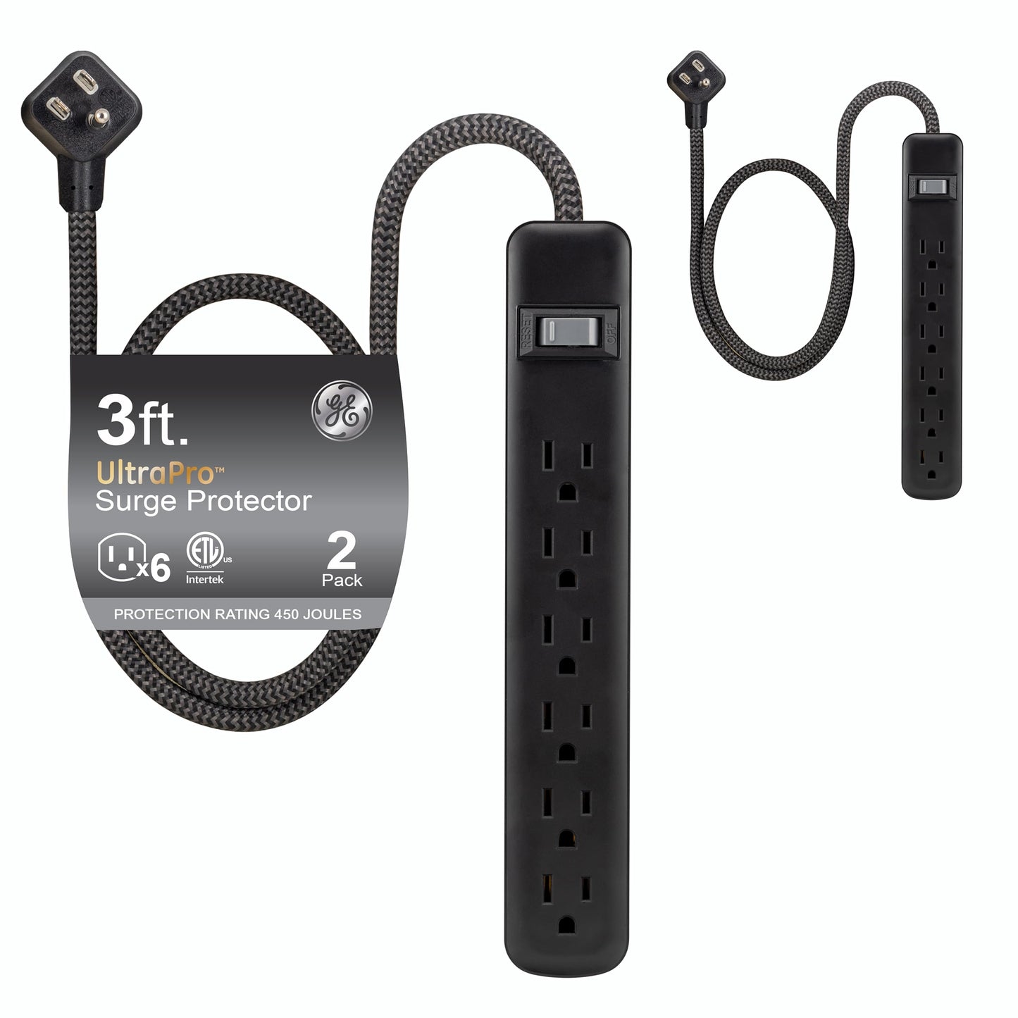 GE 6-Outlet Power Strip with USB, 1 USB-A, 1 USB-C, Outlet Extender, 6 Ft Braided Extension Cord, Flat Plug, Charging Station, Black, 82595