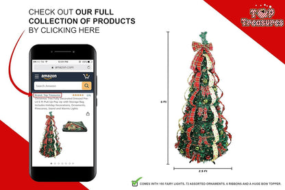 6ft Pop up Christmas Tree - Fully Decorated Pre-Lit Pull Up Tree Includes Storage Bag, Ornaments, Ribbon, Pinecones, Stand, and Warm UL Lights