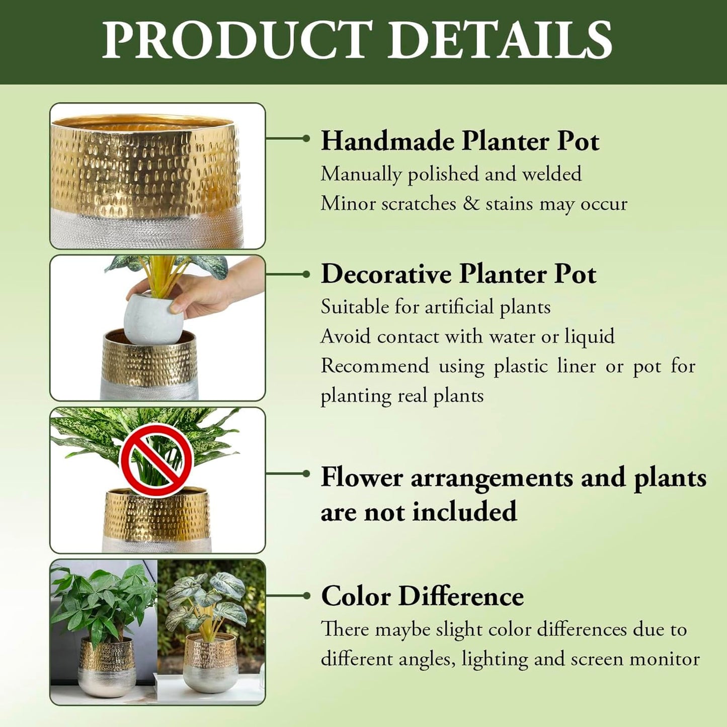 MyGift Round Two-Toned Indoor Planter Pot, Hammered Brass and Milled Embossed Silver Tone Metal Planter Vase, Set of 2 - Handcrafted in India