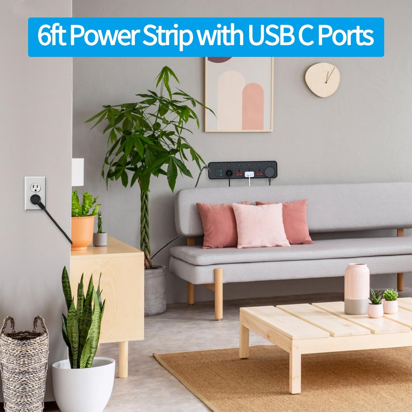 Flat Plug Power Strip with Individual Swtich, Jumpso 6ft Universal Extension Cord with 5 Outlets and 2 USB 4 USB C Ports, Max 3000w, 110-240v, Multiple Outlets Plug Adapter for Office Travel