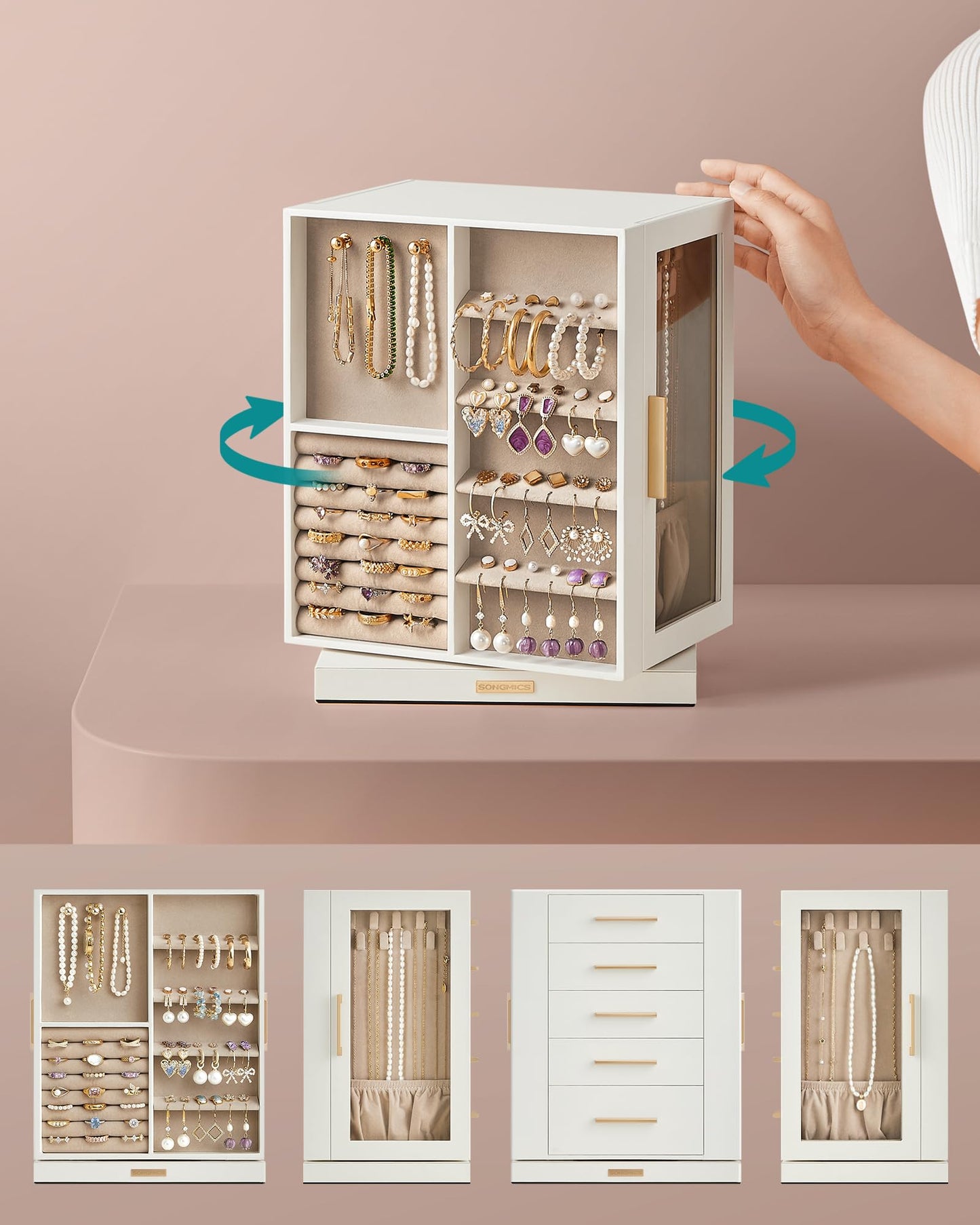 SONGMICS Jewellery Box 360° Rotating, Jewellery Organiser with 5 Drawers, Jewellery Display Case, Glass Window, Spacious, Vertical Jewellery Storage, Open Design, Great Gift, Cloud White JBC170W01