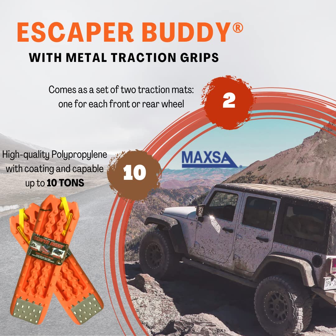 Maxsa 20322 Metal Gripped Escaper Buddy Traction Boards for Off-Road Mud, Sand, & Snow Vehicle Extraction, Bendable, Unbreakable, Orange, 2 Pack