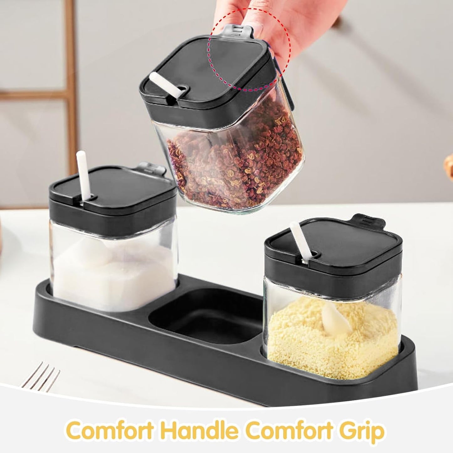 WANYISHUN Condiment Jar Spice Container with Lids and Spoons, Kitchen Spice Pot Set of 3, 11oz Clear Glass Condiment Pot with Tray, Kitchen Salt Pepper Sugar Storage Container Jar (black, 300ml)