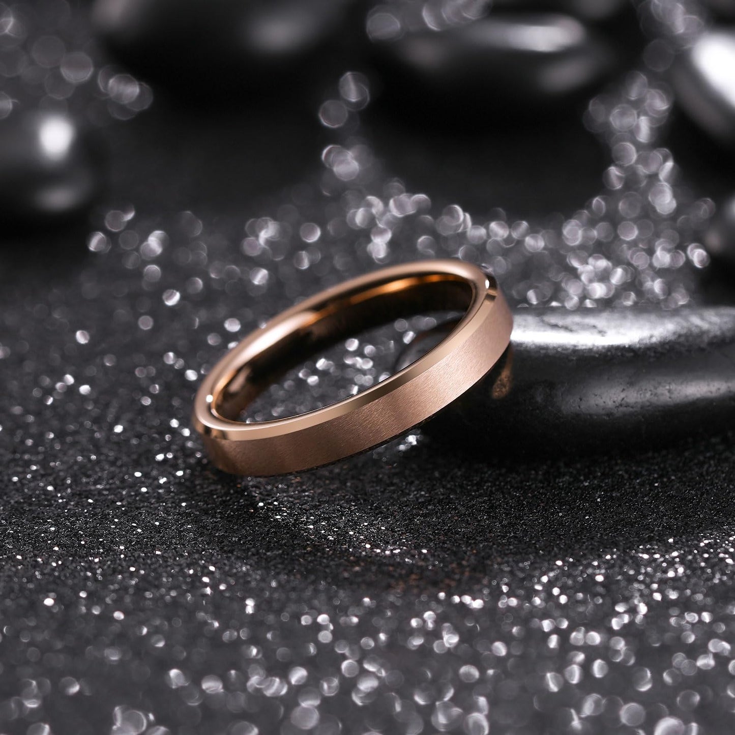 King Will Rose Gold Basic Tungsten Rings For Men Women 4mm Wedding Band Polished Edge Brushed Matte Promise Ring Comfort Fit, size 9