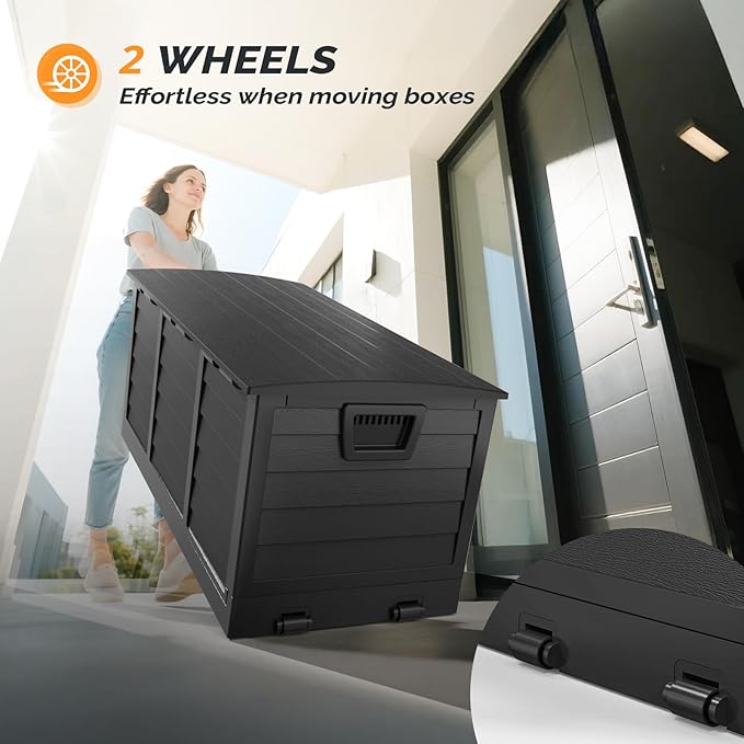 VINGLI 75 Gallon Collapsible Outdoor Storage Box, Simple-to-assemble Plastic Storage Containers with Lid, Patio Deck Box Furniture for Garden, Pool, Balcony, Yard (Full Black)