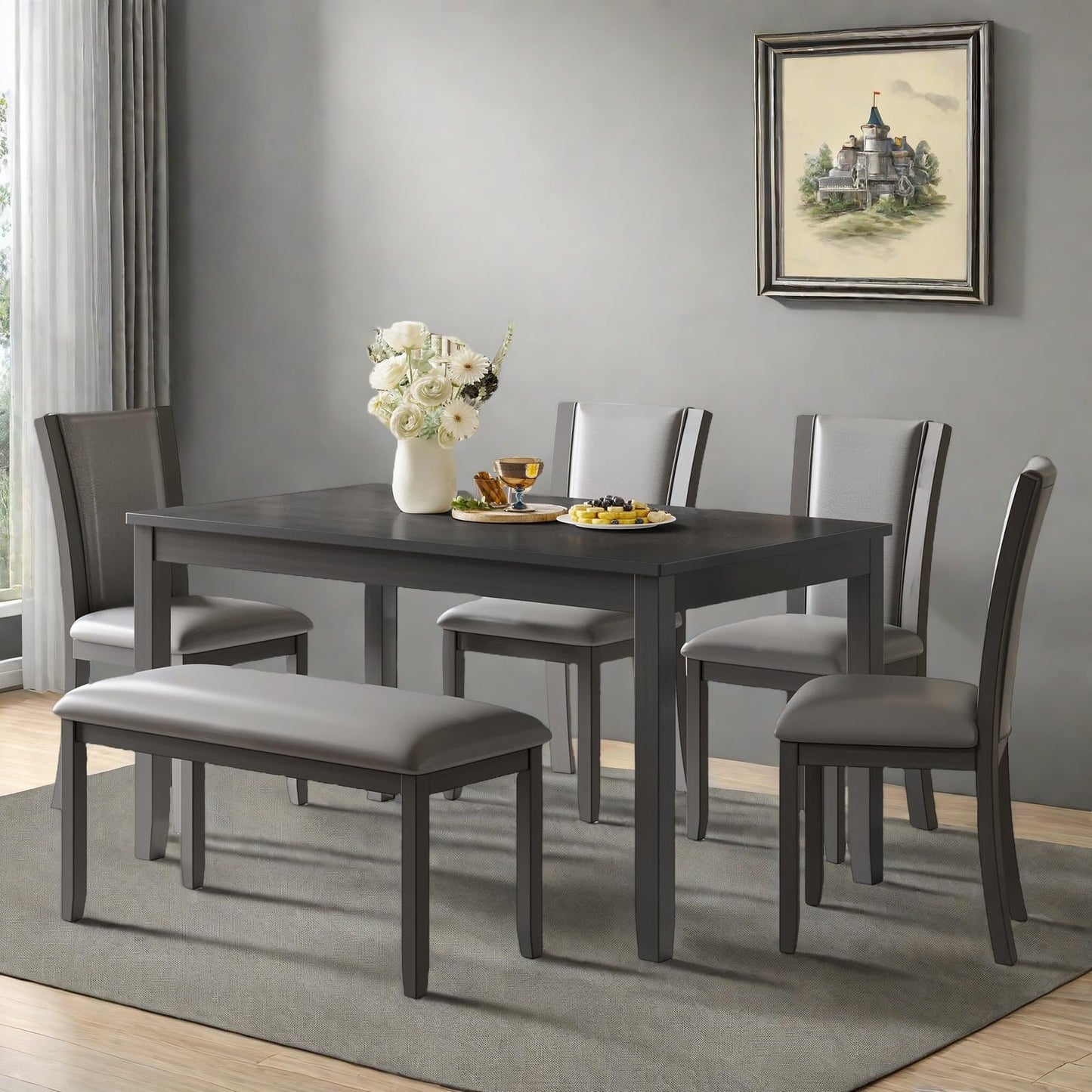 Trygoal Dining Table Set for 6, Farmhouse 6 Piece Dining Room Table Set with Rectangular Table, 4 Upholstered Backrest Chairs and Bench, Counter Height Kitchen Sets with Warm Woodgrain Finish, Gray