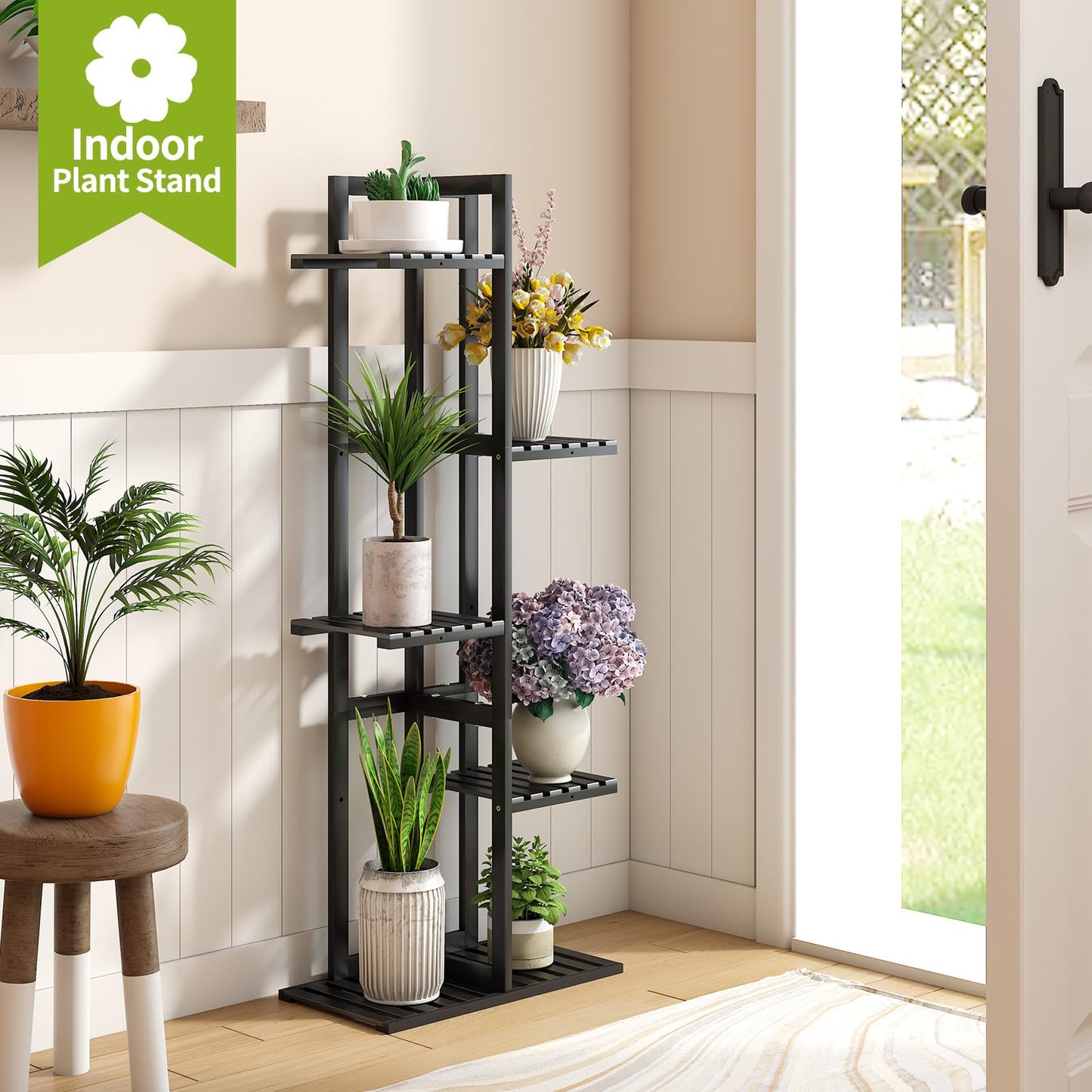 BMOSU Bamboo Plant Stand for Indoor Outdoor Plants Corner Tall Plant Shelf 6 Potted Holder Shelf Plant Rack Holder Display Rack(Black)