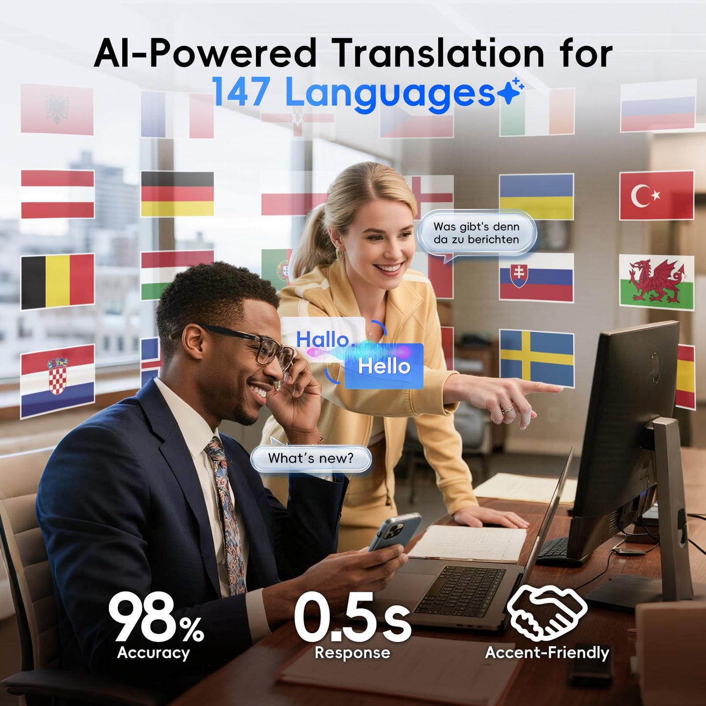 GetD AI Glasses for Men & Women, Smart Glasses Powered by ChatGPT, AI Real-time Translation with 147 Languages, 11H Music Play, Bluetooth Glasses with Photochromic Lens for Daily Use, Travel