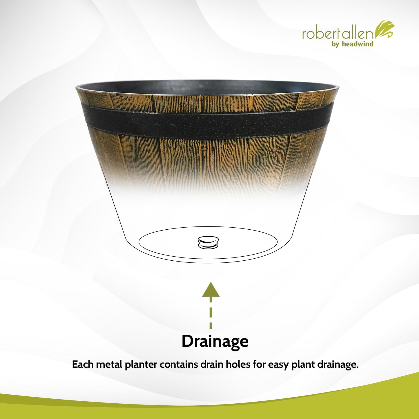 Headwind Whiskey Barrel Planter – 15 Inch New Wood Barrel Planters for Outdoor Plants – Weather-Resistant Flower Pot with Wooden Finish – Decorative Indoor & Outdoor Garden Planter by Robert Allen