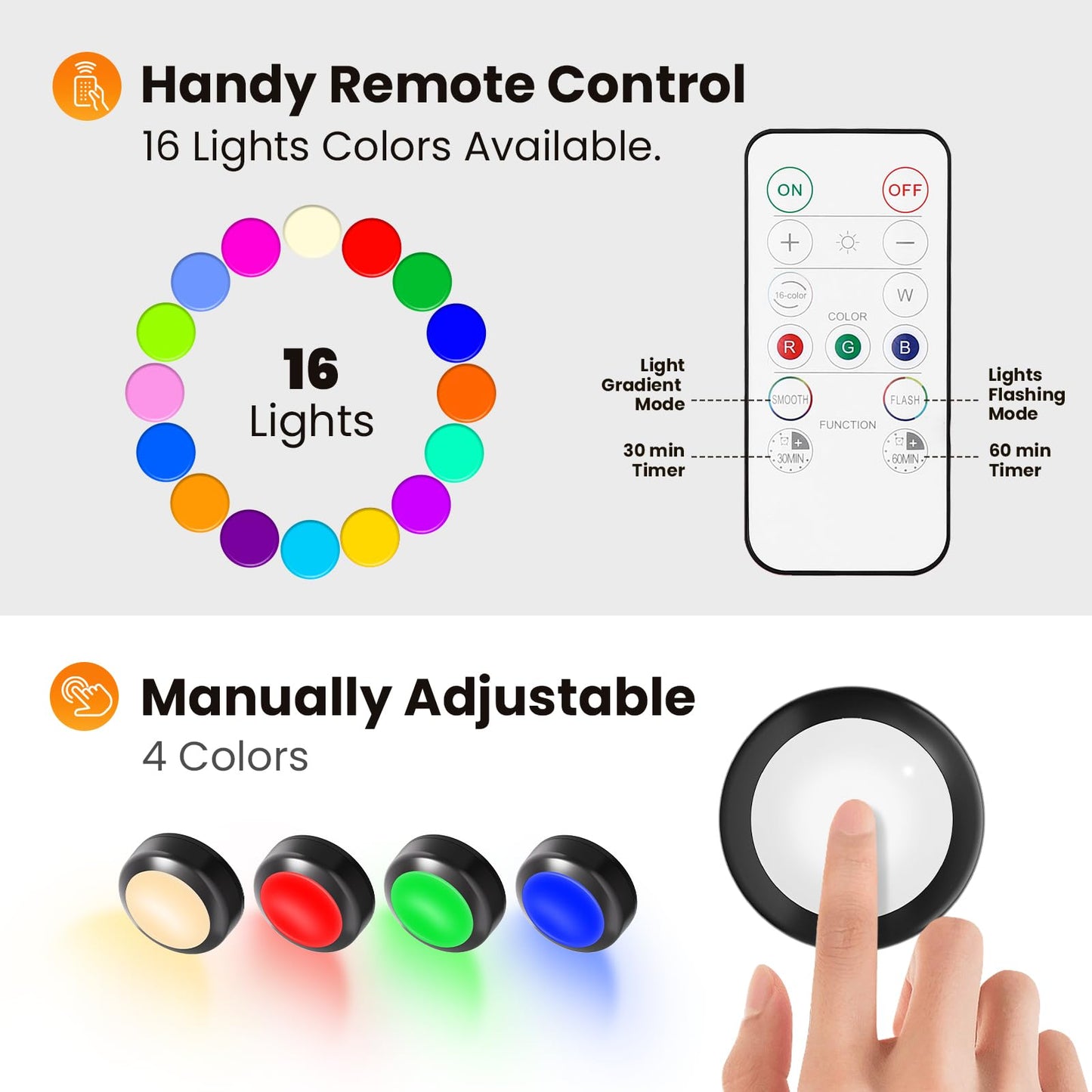Ahuledlight LED Puck Lights with Remote Control, 16 Color Changing Wireless Under Cabinet Lighting with Dimmer & Timer, AAA Battery Operated,Under for Closet Bedroom Kitchen, Stair (12 Pack Black)