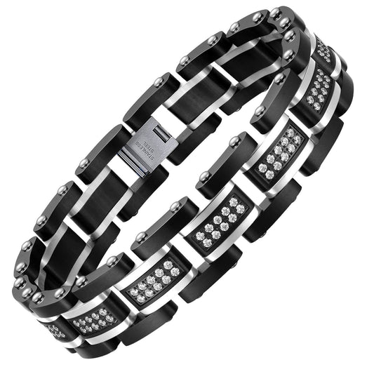 Ziallay Link initial bracelet hip hop jewel gift men Ms. Christmas birthday jewel gift boyfriend son fashion bracelet, diamond, double tone bracelet. (Silver black)