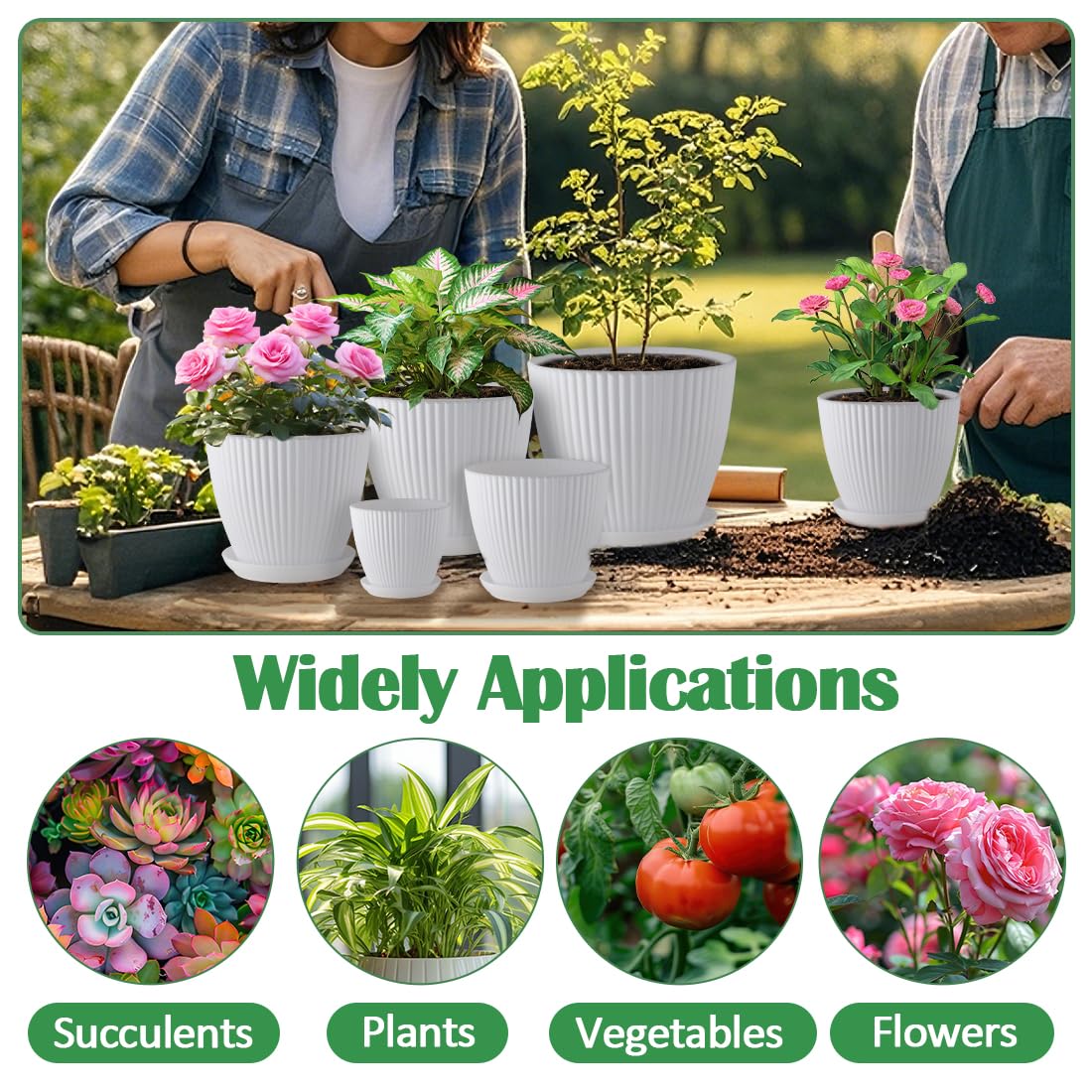 RooTrimmer 7.5/6.5/5.5/4.9/4.2/3.5 Inch Plant Pots with Drainage Holes and Saucer, Plastic Flower Pots for Indoor Plants, Lightweight Planter Pots for Plants, White