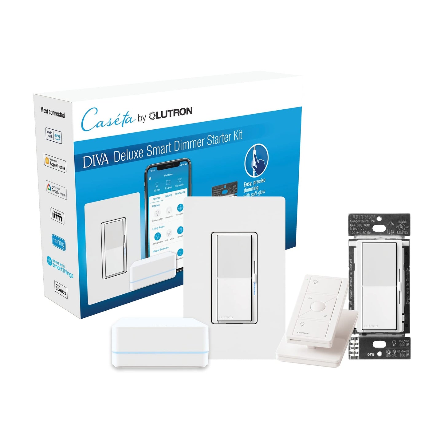 Lutron Diva Smart Dimmer Switch Kit for Caseta Lighting w/ Hub, Pico Remote & Pedestal, Smart Dimmer Works with Apple Home, Ring, Google Home, 3 Way, DVRF-BDG-1DP-A