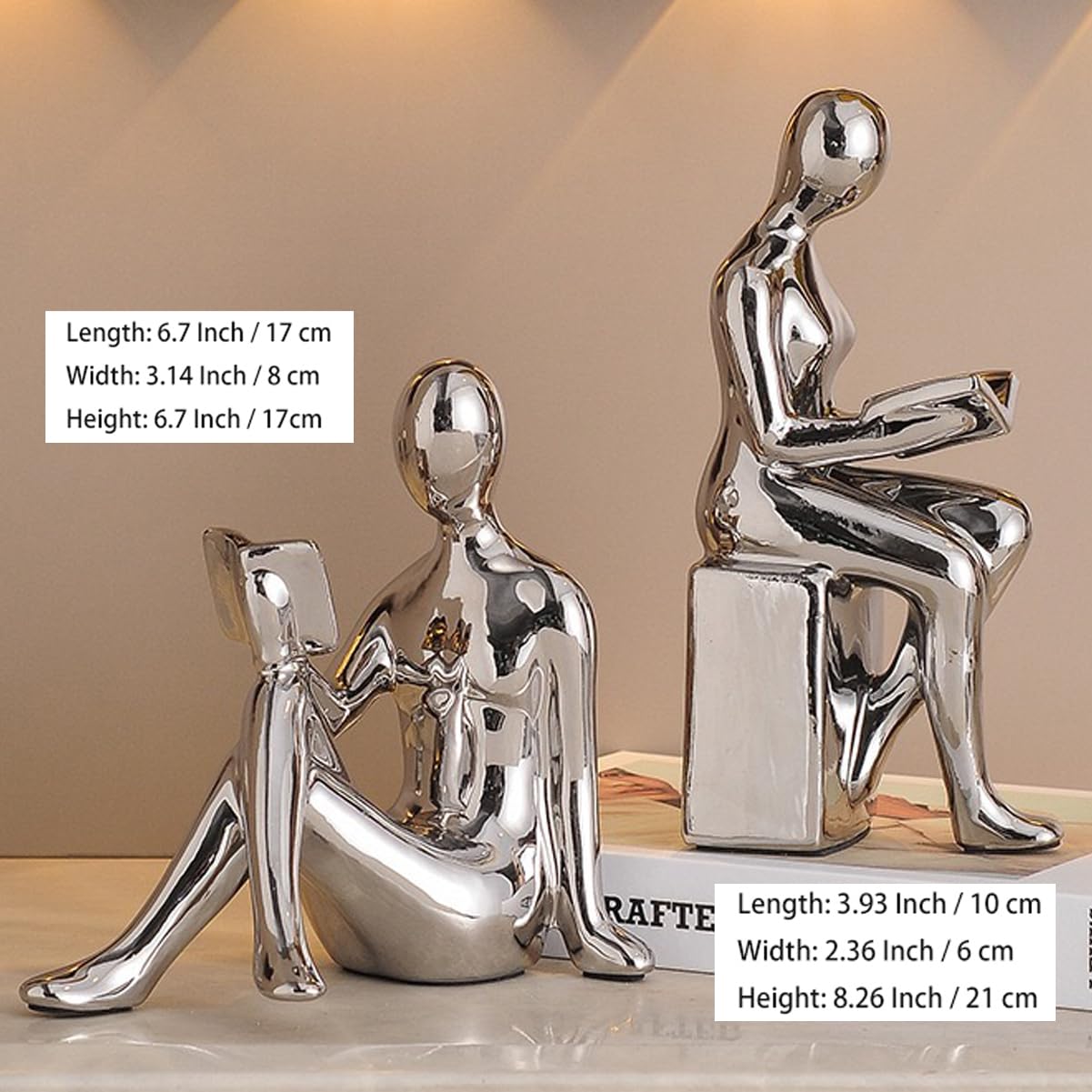 Decorative Bookends, Ceramic Book Ends for Shelves, Home Office Decor Aesthetic Book Stopper Reading Book Holders Statues for Bookshelf Bedroom Living Room Decoration (Silver)