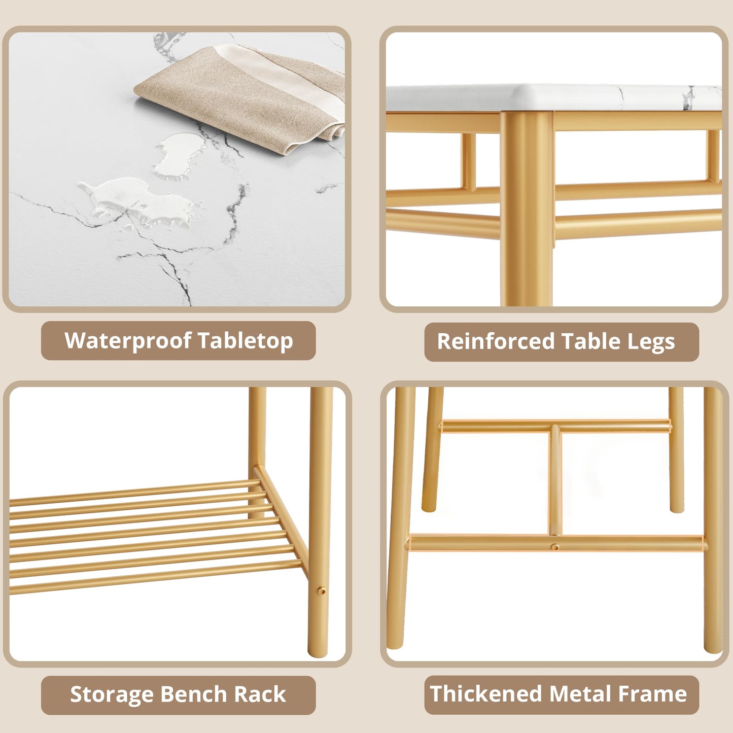 IRONCK Dining Table Set for 4, Kitchen Table with Upholstered Bench and 2 Chairs, Kitchen Table and Chairs Set for Small Space, Apartment, White & Gold