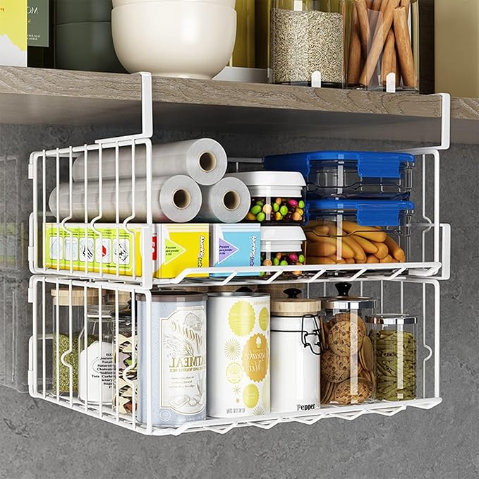 Hanging Under Shelf Storage Basket, 4 Pack Foldable Under Cabinet Metal Desk