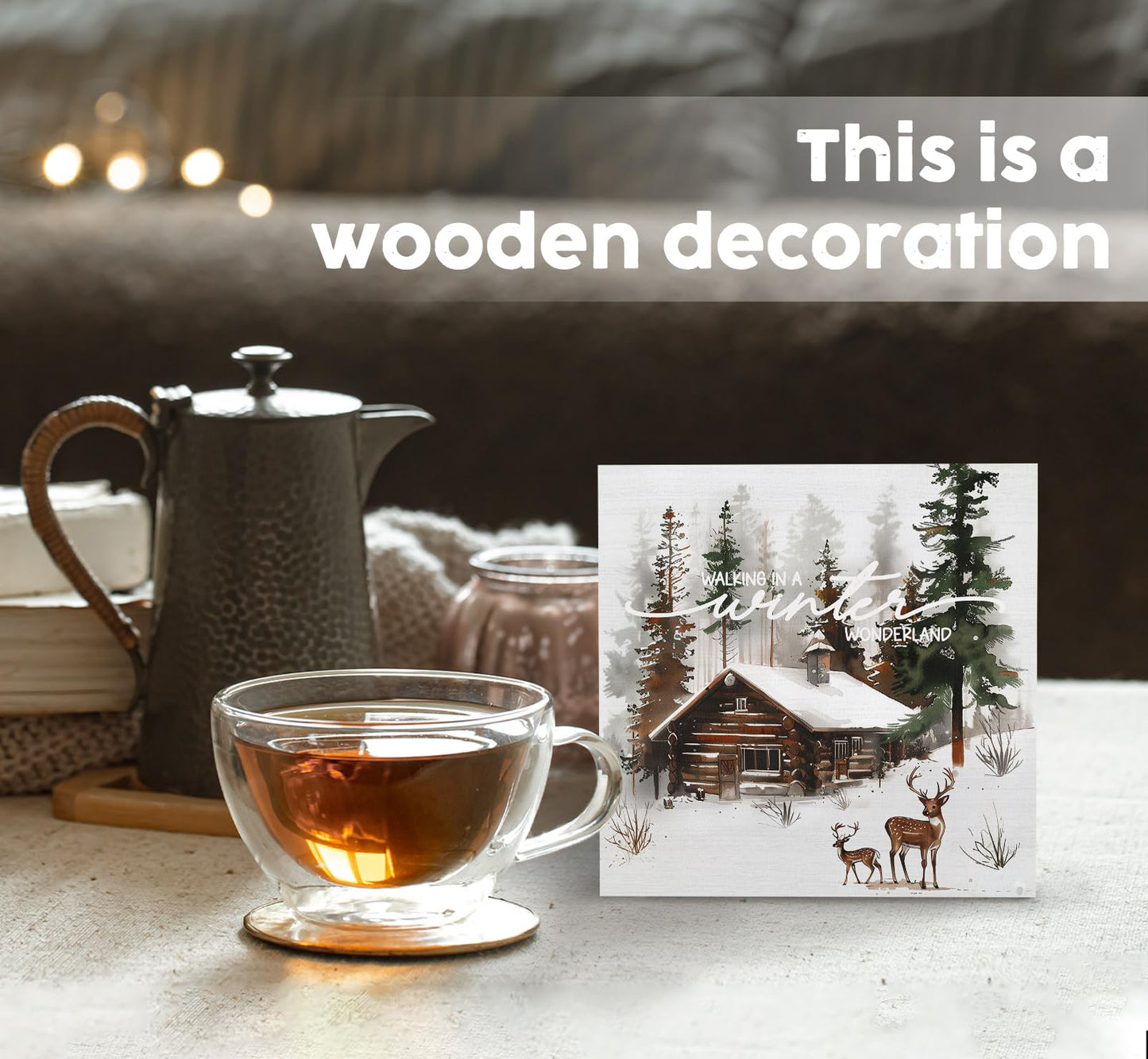 Nitelat Winter Sign, Winter Christmas Reindeer Wooden Box Sign, Farmhouse Xmas Decorations, Wonderland Decorations, Christmas Wood Signs for Home Office Desk Table Shelf Decor, 5x5 Inch