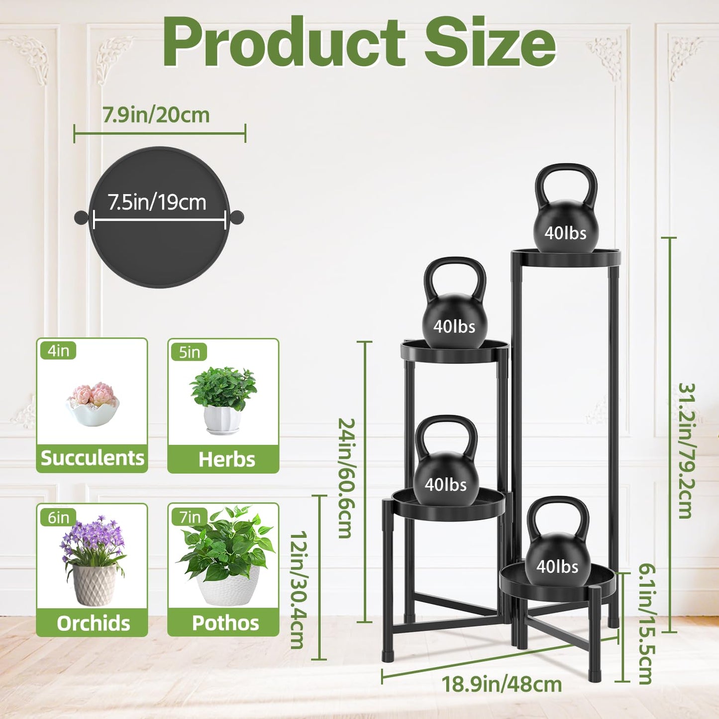 iDavosic.ly Plant Stand Indoor Outdoor, 4 Tier Corner Metal Flower Display Holder Shelf, Folding Tall Orchid Rack for Patio Balcony Porch Garden Living Room House, Black