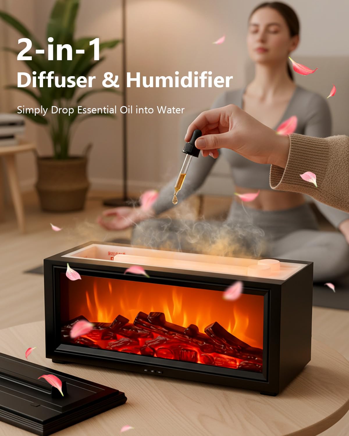 Essential Oil Diffuser, 7-Color Fireplace Fire Flame Aromatherapy Humidifier, 280ml Ultrasonic Aroma Diffuser, Cozy with Time Sets and Remote Control for Bedroom Home Yoga Office