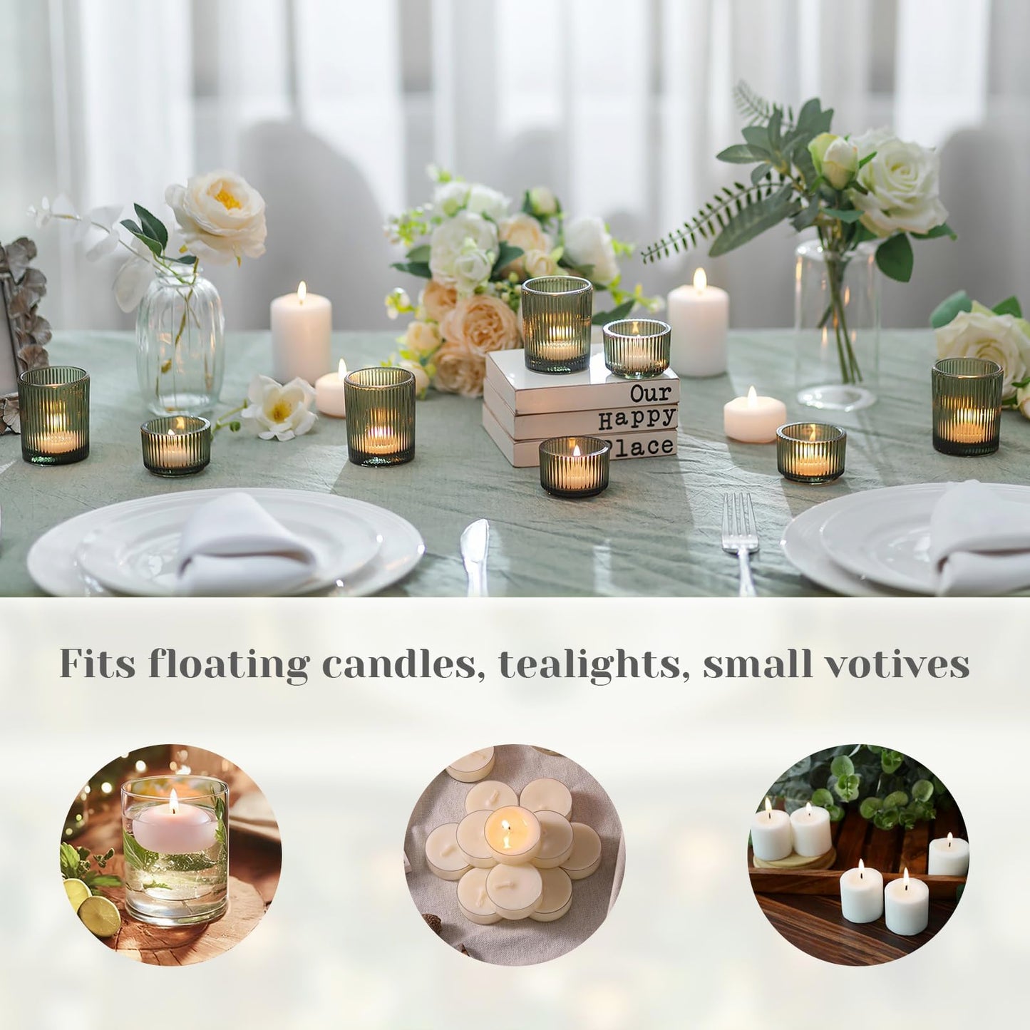 Hewory Glass Tealight Candle Holder: 24 Pcs Dark Green Votive Tea Lights Candle Holder, Ribbed Tea Light Holders Fall Decorations for Thanksgiving Table Centerpiece Wedding Party Home Decor