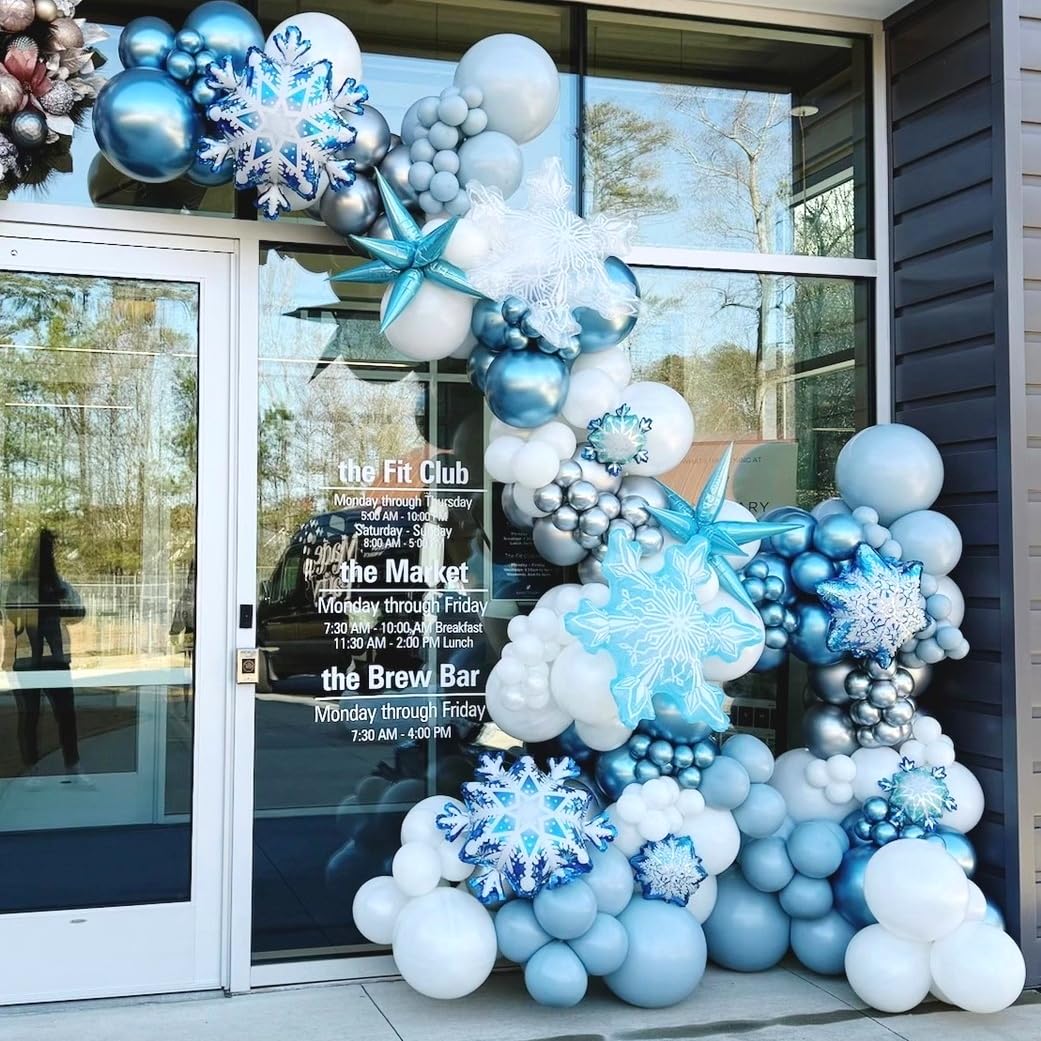 Winter Snowflakes Balloon Arch Garland Kit, White Silver Winter Balloon with Rich Large Snowflakes Mylar Star Foil Balloons*5, Metallic Silver Blue Balloons for Winter Wonderland Girl Birthday Decorat